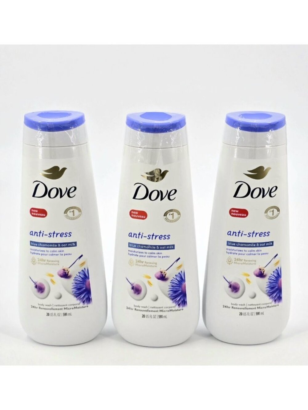 Lot Of 3 DOVE ANTI STRESS BLUE CHAMOMILE AND OAT MILK BODY WASH, 20oz - Picture 8 of 8